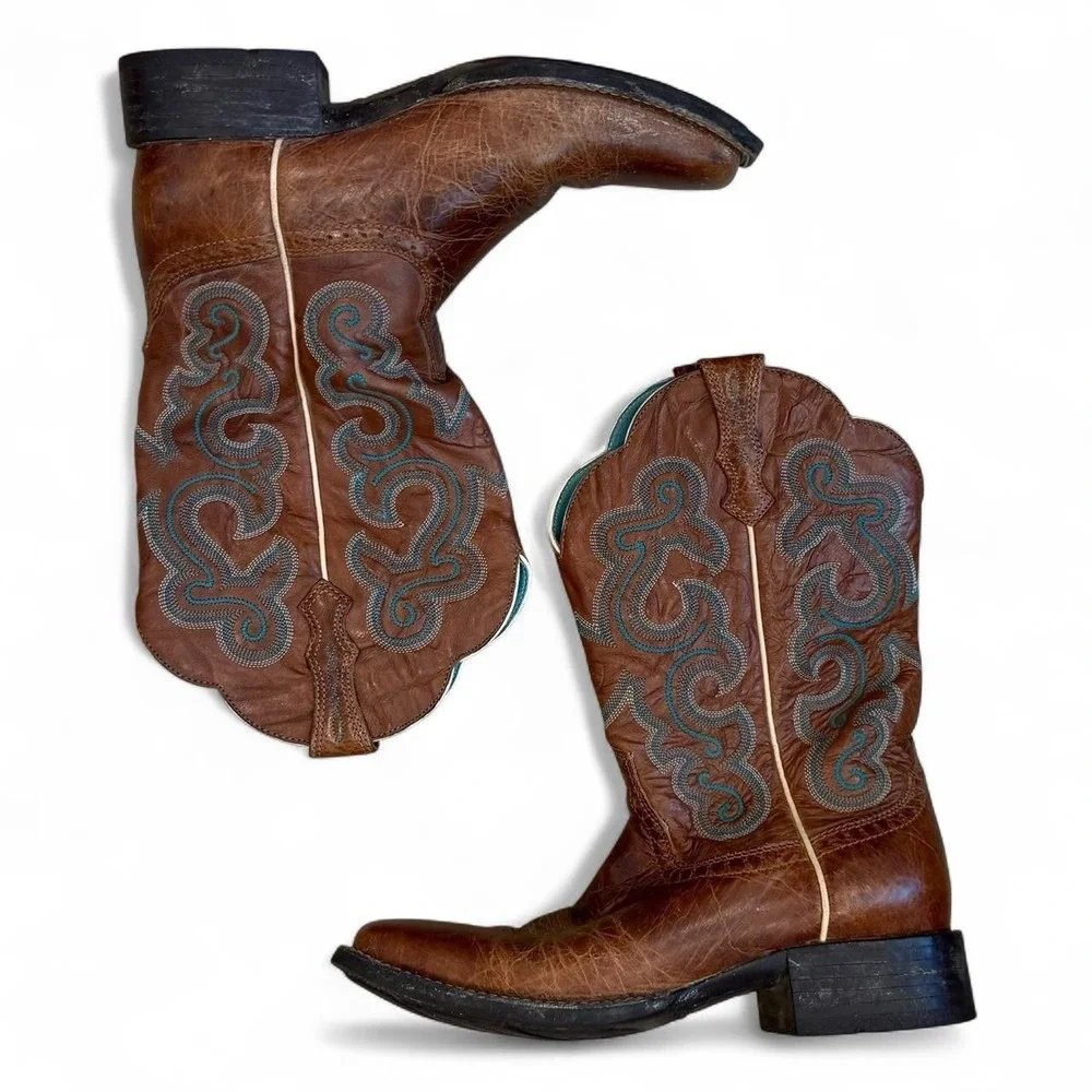 Ariat Blue Embroidered Brown Quickdraw Boots Women's Size 9B Square Toe Western